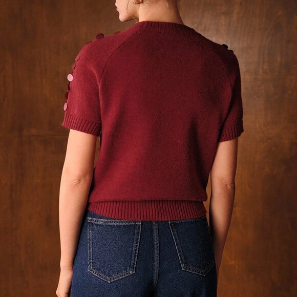 Red Casual Women's Premium Versatile Sequin Embellished Short Sleeve Knit Top - Picture 2 of 8